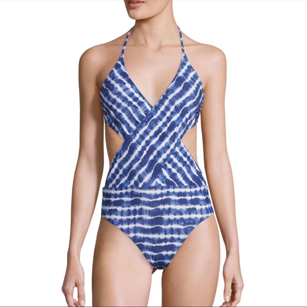 NWT Tory Burch Ziggy Wrap Front Tie Dye One Piece Swimsuit Size L MSRP $215 NEW